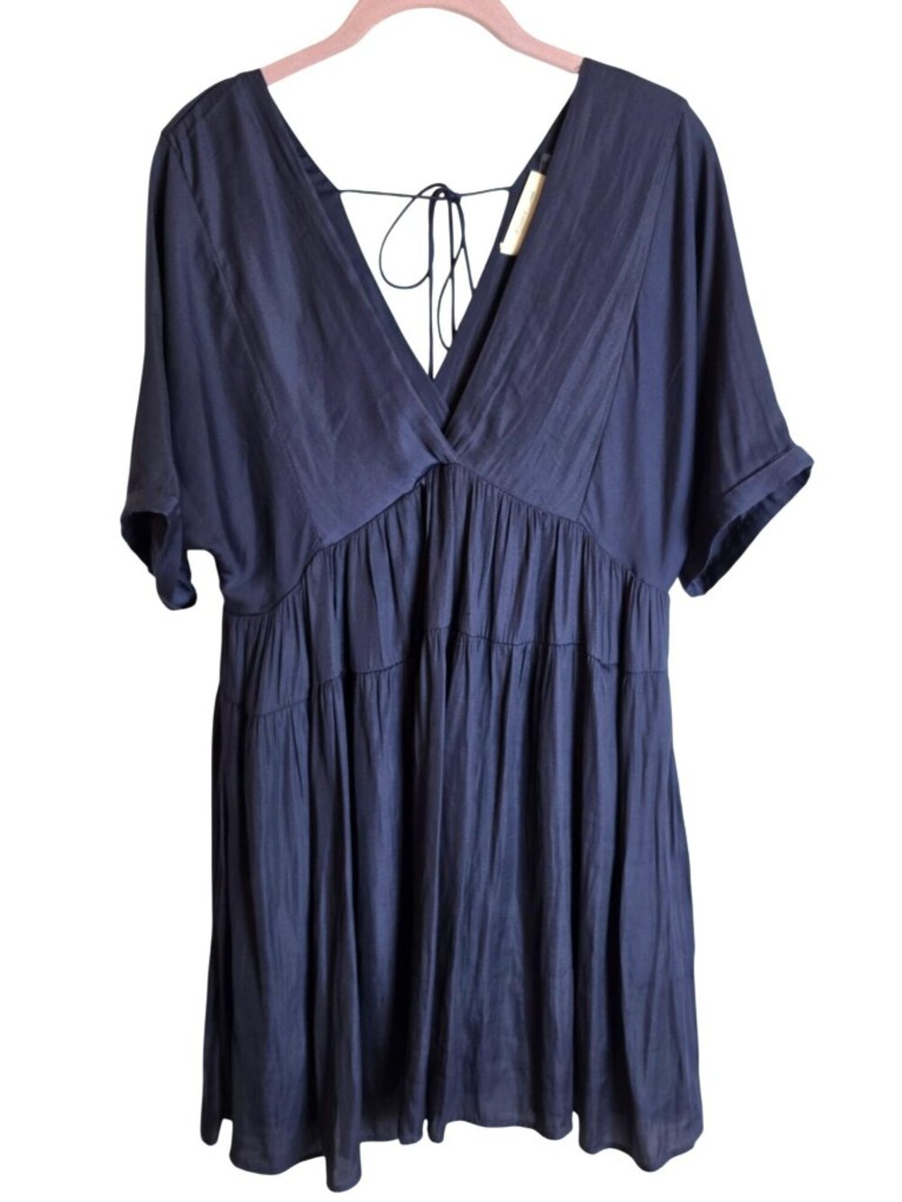 Mustard Seed Navy Tiered Babydoll Mini Dress V Neck Pockets Tie Back Women S